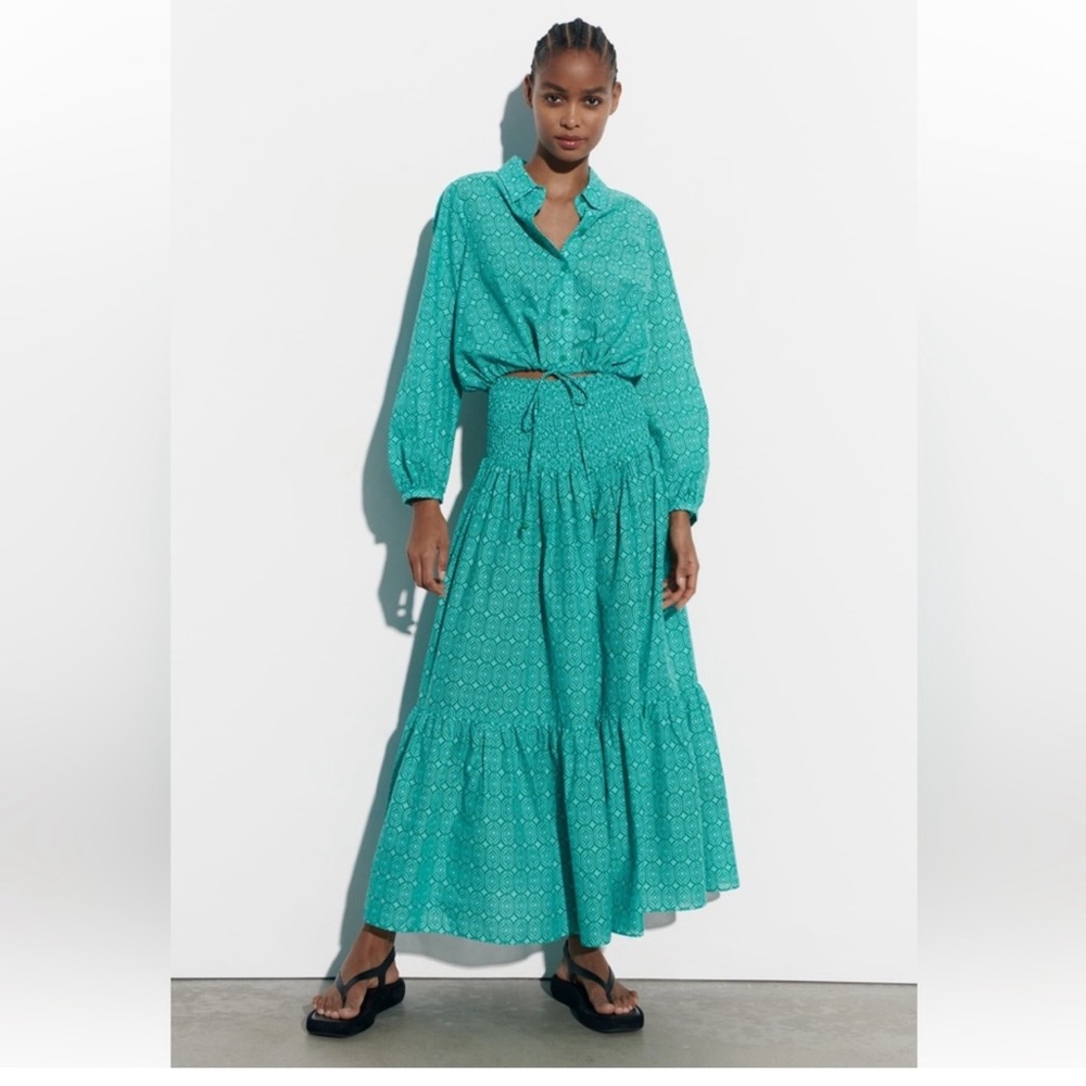 Zara pattern design tiered maxi skirt and blouse set